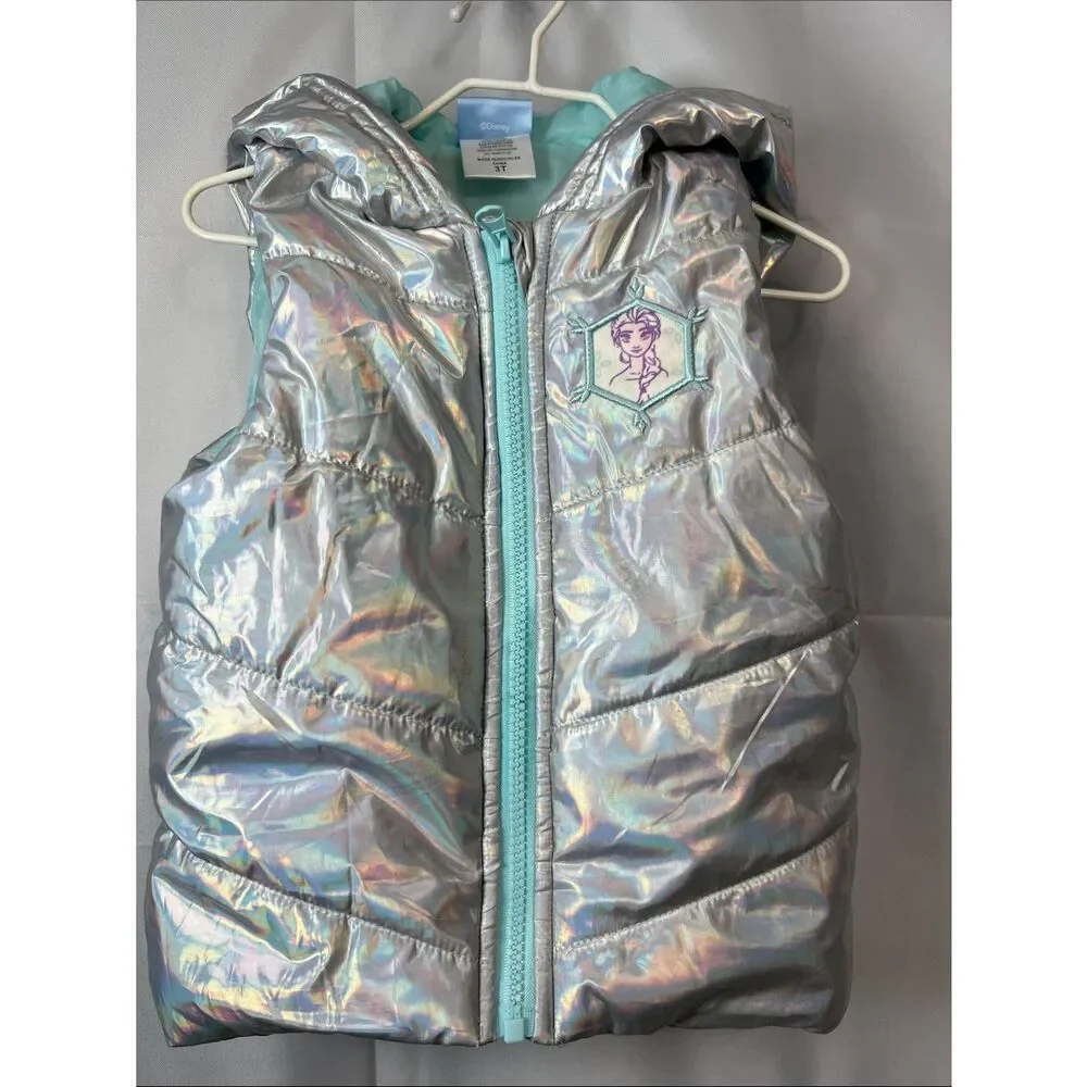 Disney Frozen iridescent silver and mint green Elsa puffer vest 3T
